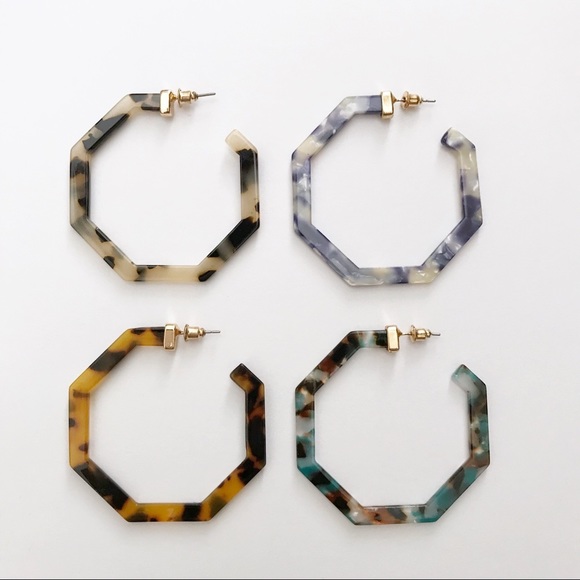 Blue Tan White Geometric Acrylic Hoop Earrings - Picture 5 of 5